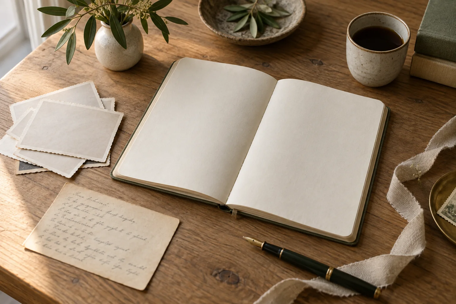 An open notebook, a recipe card, and photographs resting face down on a wooden table.